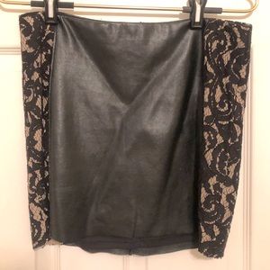 Black faux leather mini skirt with lace detail